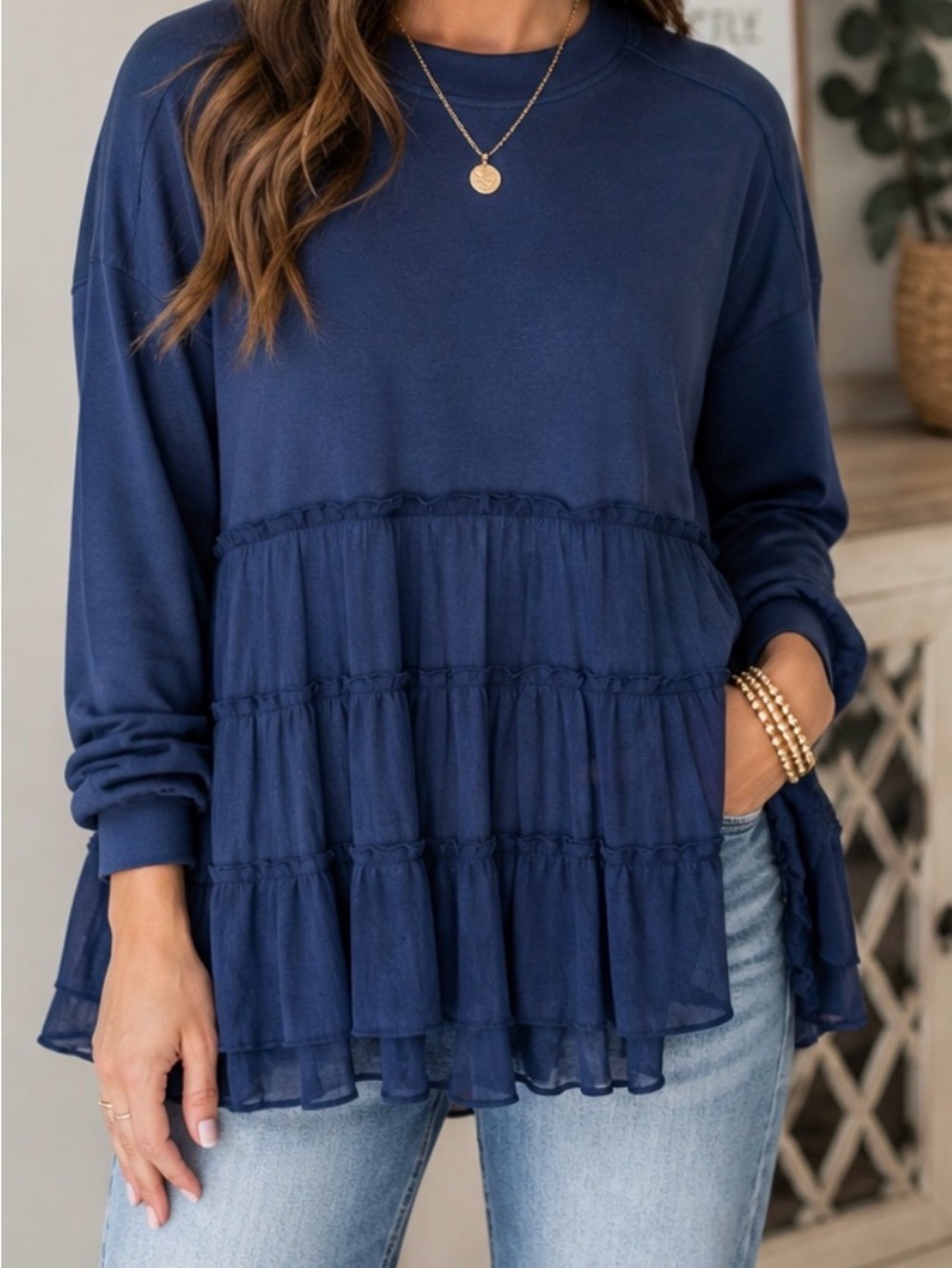 Three Bird Nest Ruffle Hem Top Boho Tiered Sweatshirt Tunic Blue Size S